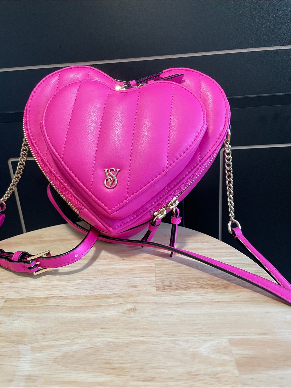 Victoria's Secret Vibrant Pink Quilted Heart Crossbody with Gold Accents